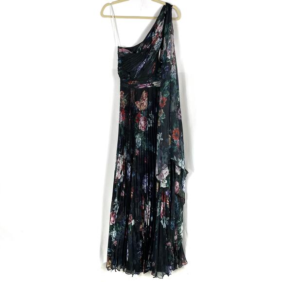 Marchesa One-Shoulder Gown Pleated Floral Chiffon Black Dress Side Slit Sz 6 - Picture 10 of 11